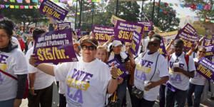 Home health care workers rally for better wages at Olvera Street, Tuesday, April 14, 2015, in Los Angeles. The union representing the workers says that despite performing the crucial task of caring for the elderly and people with disabilities at home, many of those workers in LA County live in poverty. (AP Photo/Nick Ut)