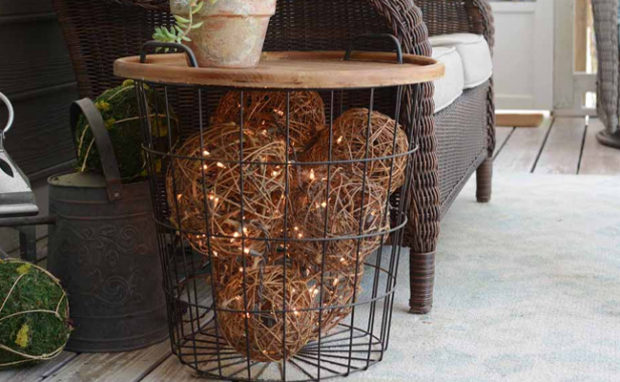 Lighted Grapevine Balls in a Side Table