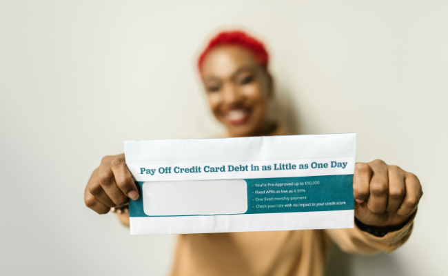 A lady holding a debt-free sign