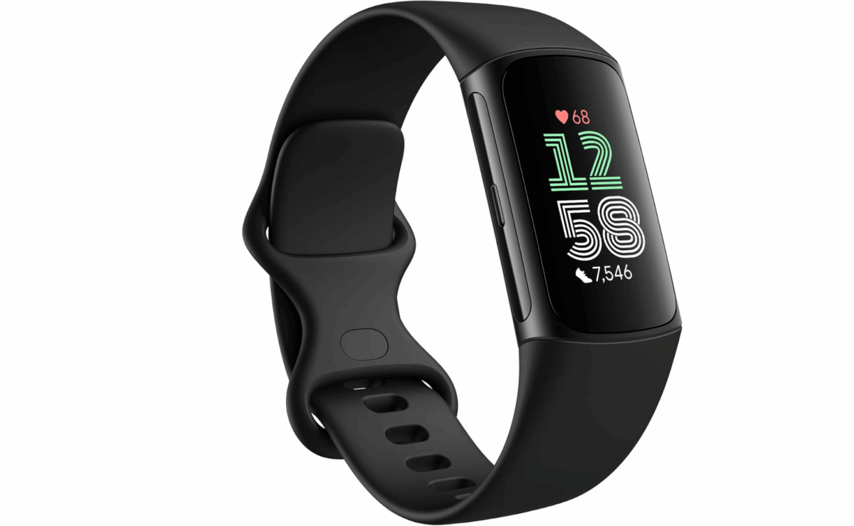 Fitbit Charge 6 fitness tracker showing heart rate and steps on display