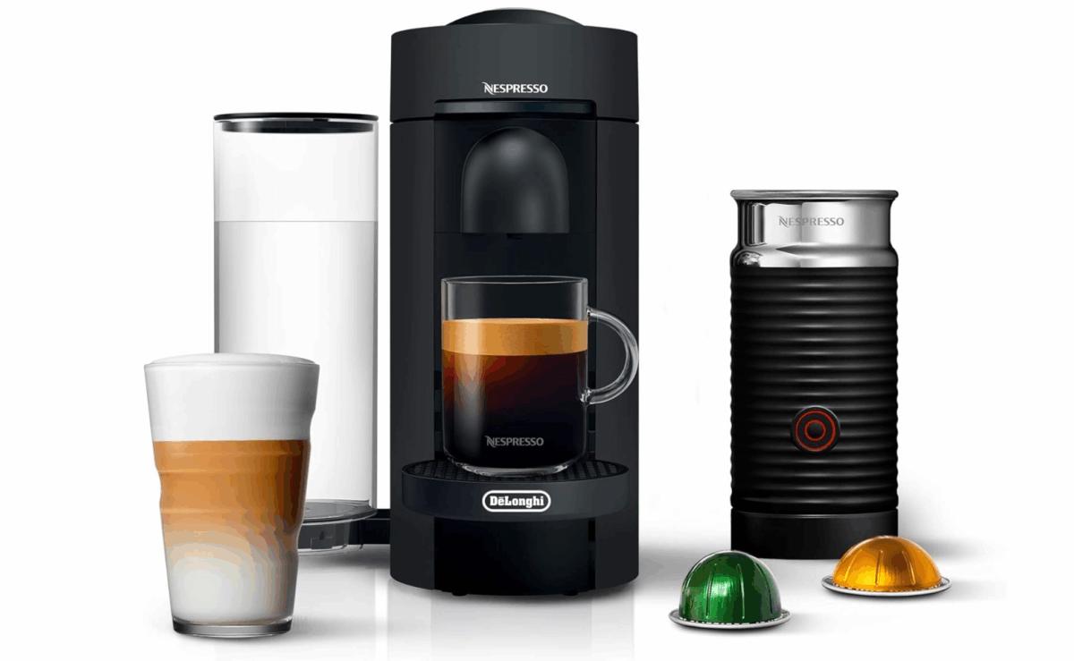Nespresso VertuoPlus Deluxe coffee machine with milk frother and coffee pods