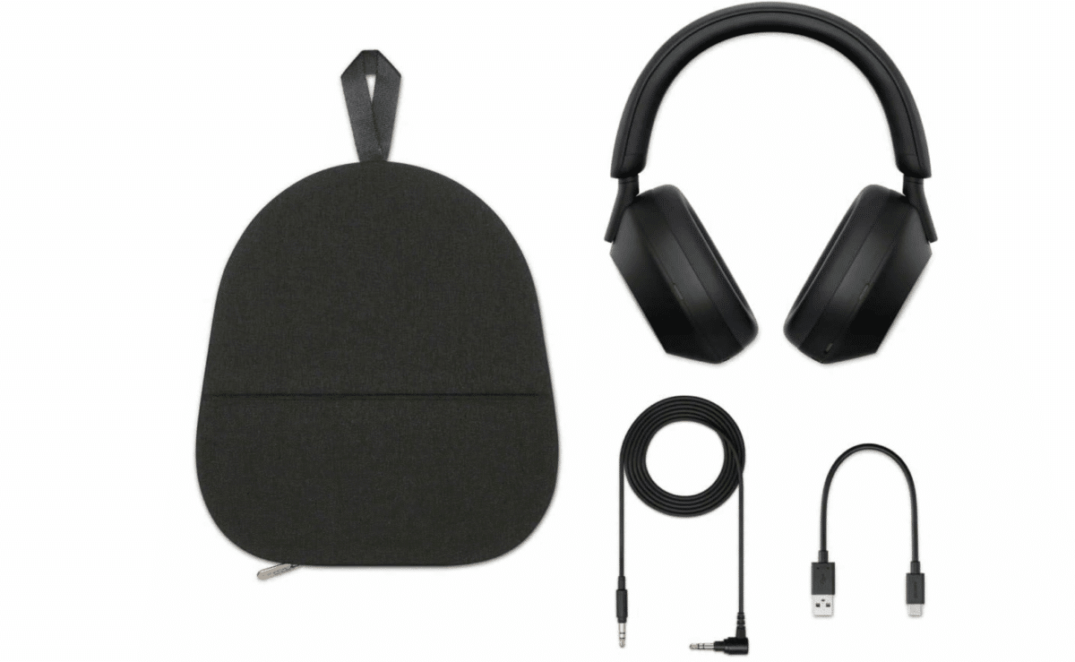 Sony WH-1000XM5 wireless noise-canceling headphones with case and cables