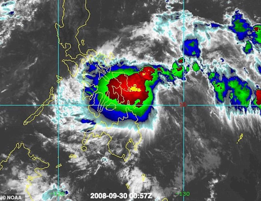 Tropical Storm Higos, known in the Philippines as tropical storm Pablo, pictured on the radar, smashed straight into the CIA operatives’ 40-foot boat in 2008.