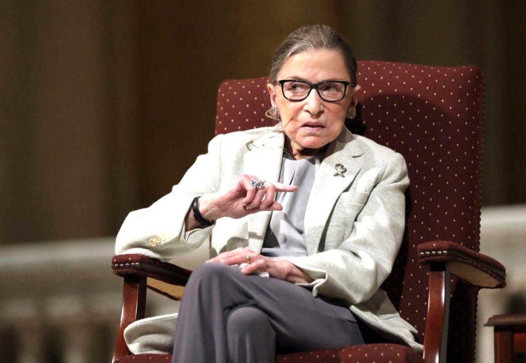 In this Feb. 6, 2017, photo, Supreme Court Justice Ruth Bader Ginsburg speaks at Stanford University in Stanford, Calif. The Supreme Court says Ginsburg has died of metastatic pancreatic cancer at age 87. AP Photo/Marcio Jose Sanchez