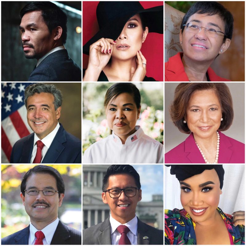 Top Row: Manny Pacquiao; Lea Salonga; Maria Ressa. Middle Row: Noel Francisco; Cris Comerford; Loida Nicolas Lewis. Bottom: Conrado Gempesaw; Brendan Flores; Patrick Starrr.