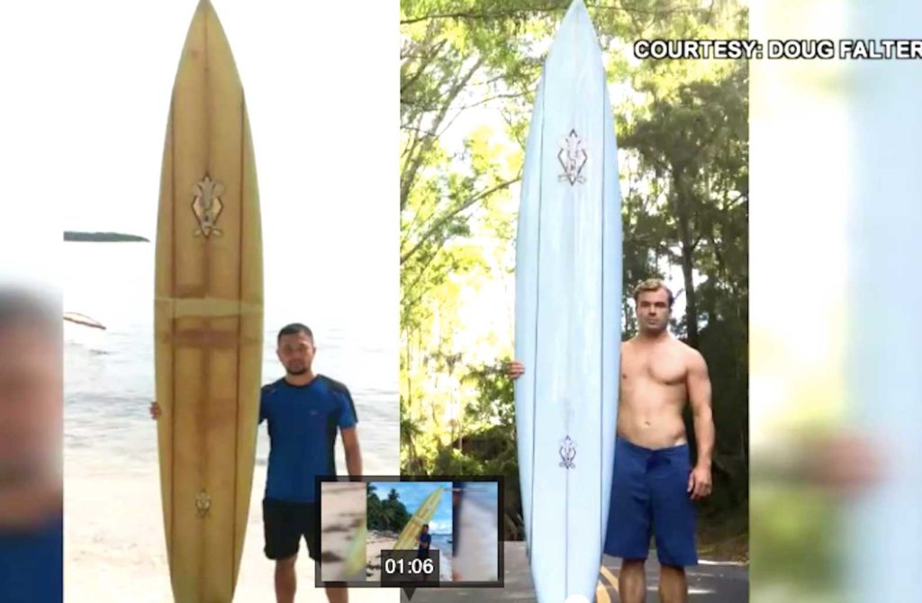  Doug Falter of Honolulu (right) and Giovanne (left) who found Falter's missing surfboard thousands of miles away in the Philippines. SCREENSHOT KHON2
