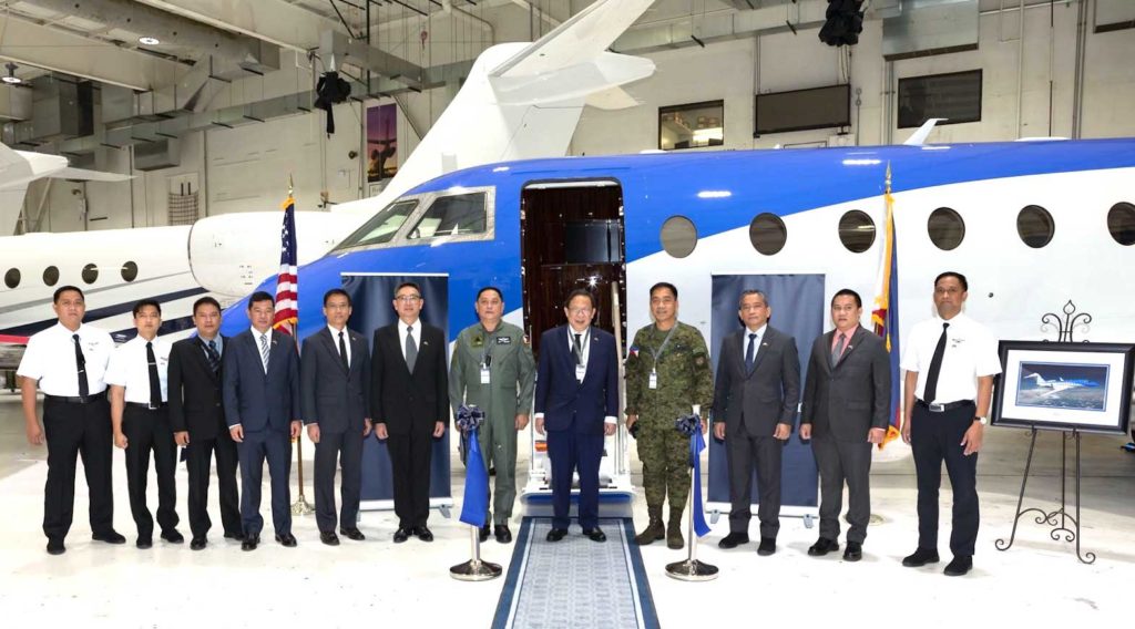 Philippine Embassy Deputy Chief of Mission Renato Pedro Villa (5th from left), Defense and Armed Forces Attaché B/Gen. Marlo Guloy (4th from left) and officials of the Philippine and U.S. Air Forces during the turnover ceremony of the Gulfstream G280 to the Philippine Government on Sept. 17, 2020 at Gulfstream Aerospace Dallas Facility. CONTRIBUTED