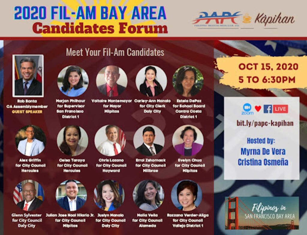 An online meet-and-greet session will present 14 Filipino Americans running for political office in the San Francisco Bay Area Oct. 15, 2020 at 5 p.m. to 6:30 p.m., the Philippine American Press Club—USA announced.