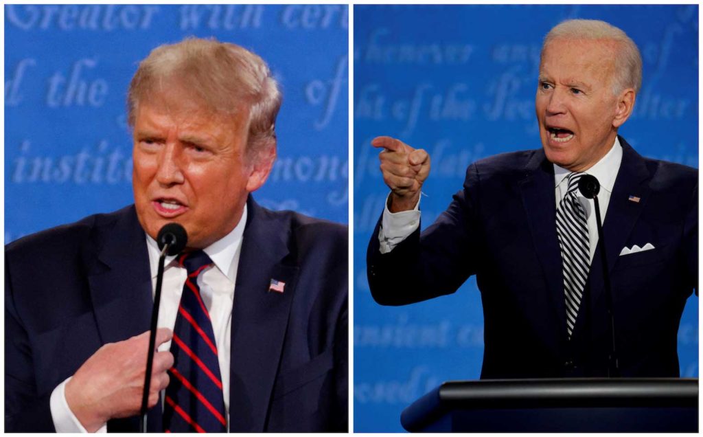 A combination picture shows U.S. President Donald Trump and Democratic presidential nominee Joe Biden speaking during the first 2020 presidential campaign debate, held on the campus of the Cleveland Clinic at Case Western Reserve University in Cleveland, Ohio, U.S., September 29, 2020. REUTERS/Brian Snyder/File Photo