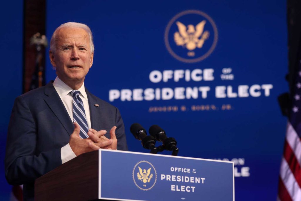 U.S. President-elect Joe Biden speaks about health care and the Affordable Care Act (Obamacare) at the theater serving as his transition headquarters in Wilmington, Delaware, U.S. November 10, 2020. REUTERS/Jonathan Ernst