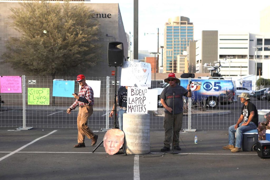    Supporters of U.S. President Donald Trump gather at a "Stop the Steal" protest after the 2020 U.S. presidential election was called for Democratic candidate Joe Biden, at the Maricopa County Tabulation and Election Center (MCTEC), in Phoenix, Arizona, U.S., November 12, 2020. REUTERS/Jim Urquhart