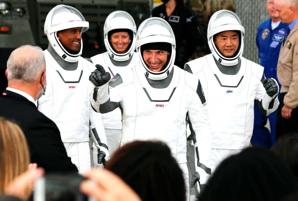 The crew members of a SpaceX Falcon 9 rocket, spacecraft commander Mike Hopkins, Victor Glover, Shannon Walker and Japanese astronaut Soichi Noguchi, depart for the launch pad for the first operational NASA commercial crew mission at Kennedy Space Center in Cape Canaveral, Florida, U.S. November 15, 2020. REUTERS/Joe Skipper