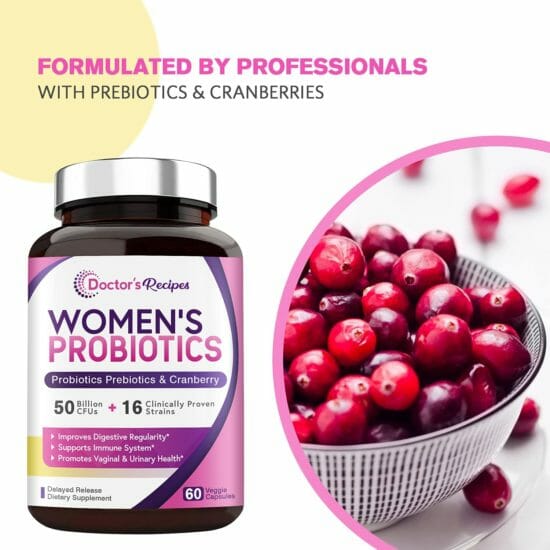 Doctor's Recipes Women’s Probiotic, 60 Caps 50 Billion CFU 16 Strains, with Organic Prebiotics Cranberry, Digestive Immune Vaginal & Urinary Health