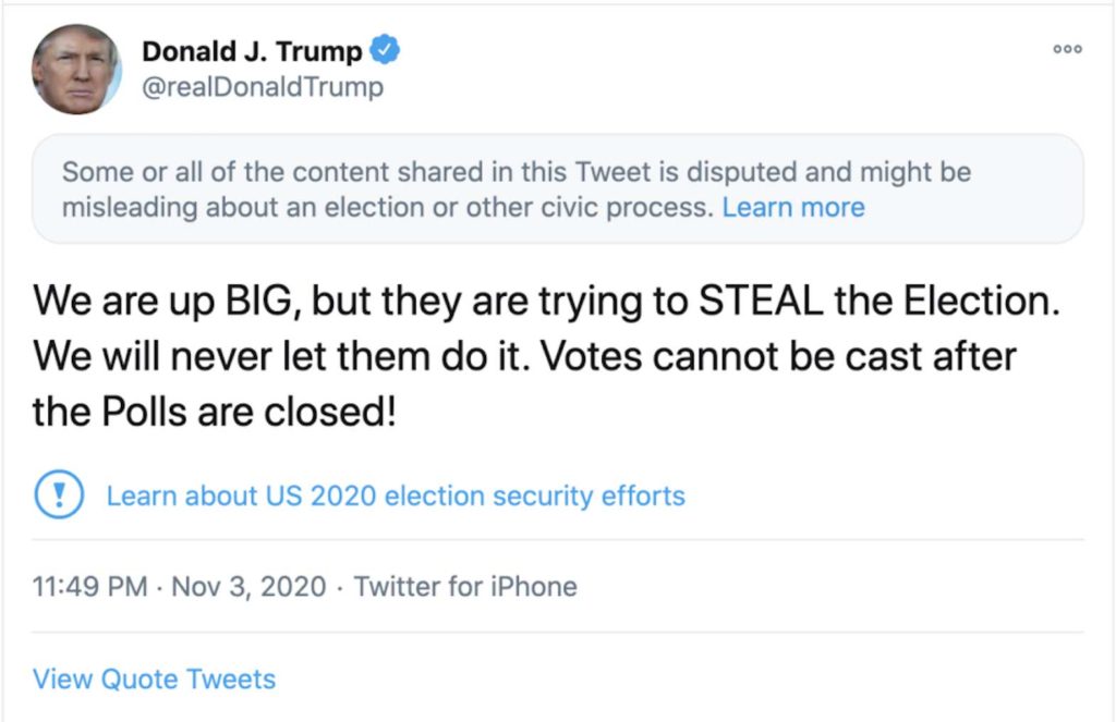 One of Trump's election night tweets, flagged with a Twitter warning.