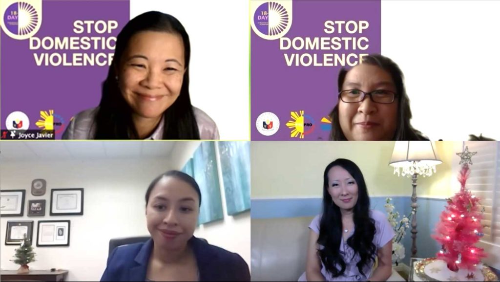 The Philippine Embassy in Washington, D.C. and Filipino Young Leaders Program (FYLPRO) co-hosted a webinar entitled, “Stop Domestic Violence” in line with the 18-Day Campaign to End Violence Against Women and International Human Rights Day on 10 December 2020 featuring speakers (clockwise from top right) Ana Jayme, Christine Lee, Joyce King, and moderator Dr. Joyce Javier. CONTRIBUTED