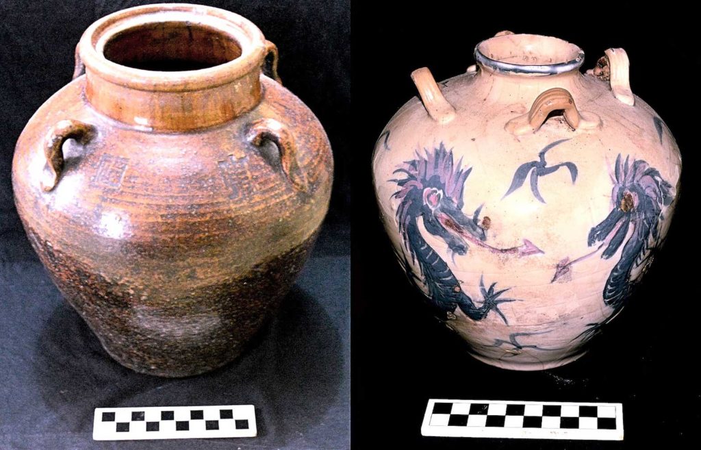 Heirloom tradeware jars in Ifugao. Right: ginayyaman (dragon jar) and galgalit (white and blue Ming jar).