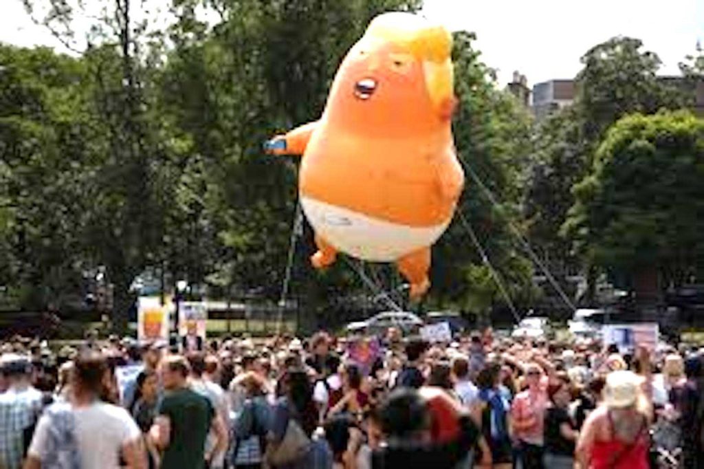 An inflated, snarling Trump balloon in London. REUTERS FILE