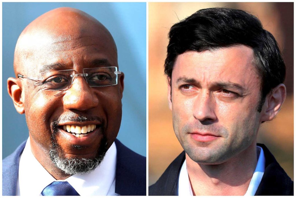 Democratic U.S. Senate candidates Rev. Raphael Warnock and Jon Ossoff are seen in a combination of file photographs as they campaign on election day in Georgia's U.S. Senate runoff election, in Marietta and Atlanta, Georgia, U.S., January 5, 2021. REUTERS/Mike Segar, Brian Snyder