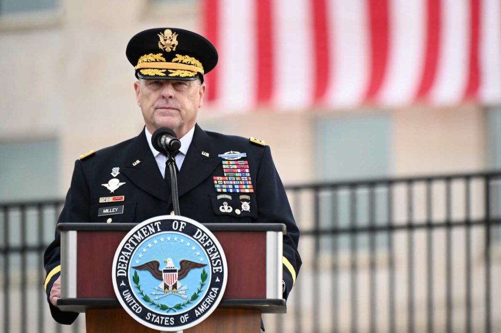   U.S. Chairman of the Joint Chiefs of Staff General Mark Milley gives remarks during the 19th annual September 11 observance ceremony at the Pentagon in Arlington, Virginia, U.S., September 11, 2020. REUTERS/Erin Scott/File Photo