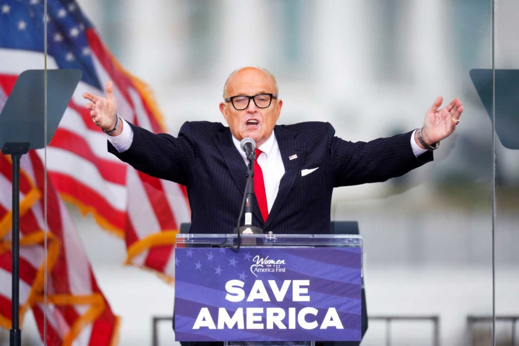 U.S. President Donald Trump's personal lawyer Rudy Giuliani gestures as he speaks as Trump supporters gather by the White House ahead of his speech to contest the certification by the U.S. Congress of the results of the 2020 U.S. presidential election in Washington, U.S, January 6, 2021. REUTERS/Jim Bourg