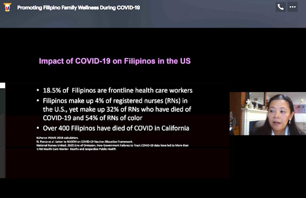 Dr. Joyce Javier, pediatrician and researcher at Children's Hospital Los Angeles and associate professor of clinical pediatrics at Keck School of Medicine of USC, talks about the impact of Covid-19 on the Filipino American community at a virtual health fair on Saturday spearheaded by Pilipinos for Community Health at UCLA and West Angeles Community Development Corporation.