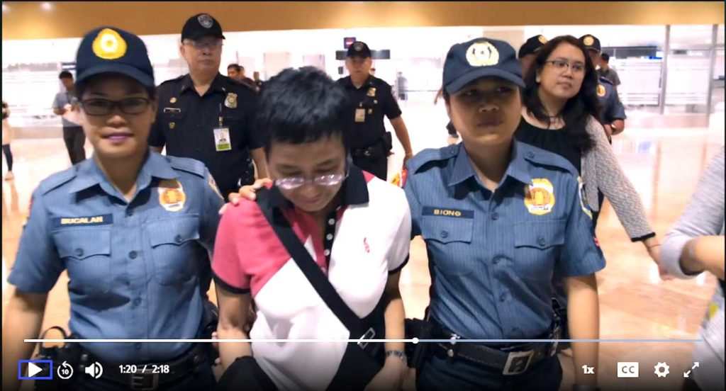    Philippine police arrest Maria Ressa, CEO of Rappler, after her conviction of cyber libel last June. SCREENSHOT/Frontline/PBS
