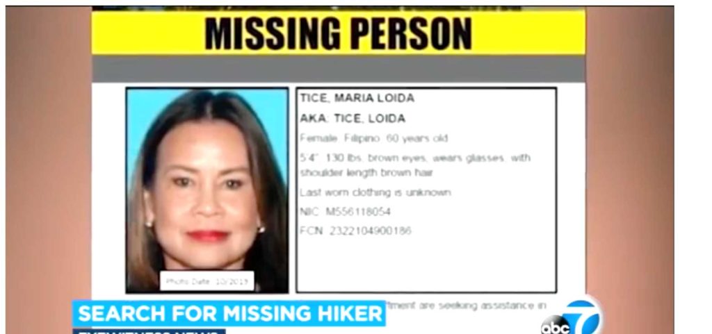Loida Tice, 60, was last seen Feb. 13 hiking at Angeles National Forest.  SCREENSHOT