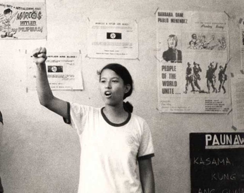 Melinda Paras, a member of Kabataang Makabayan (KM) or Nationalist Youth and an organizer of American G.I.s in the Philippines who opposed the Vietnam War, speaking at a KM event in the early 1970s.  (Courtesy of Stephen Jaffe)