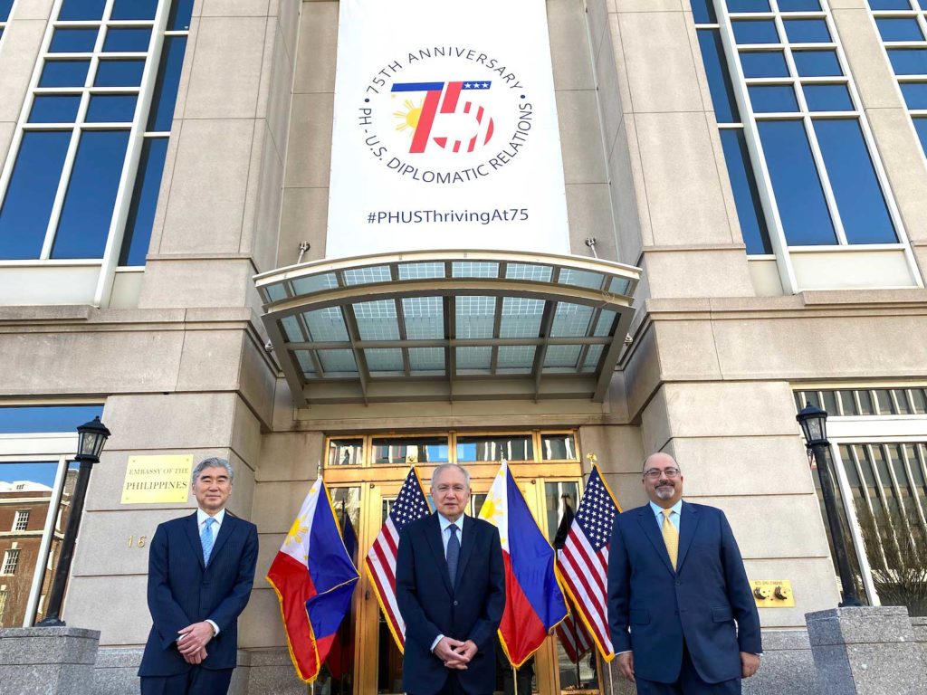 (L-R) U.S. Acting Assistant Secretary of State for East Asian and Pacific Affairs Ambassador Sung Kim; Philippine Ambassador to the United States Jose Manuel G. Romualdez; and U.S. Principal Deputy Assistant Secretary for East Asian and Pacific Affairs Ambassador Atul Keshap at the launch of the yearlong celebration of the 75th Anniversary of the Establishment of Diplomatic Relations between the Philippines and the United States on 26 March 2021 at the Philippine Embassy in the United States, Washington, D.C.CONTRIBUTED