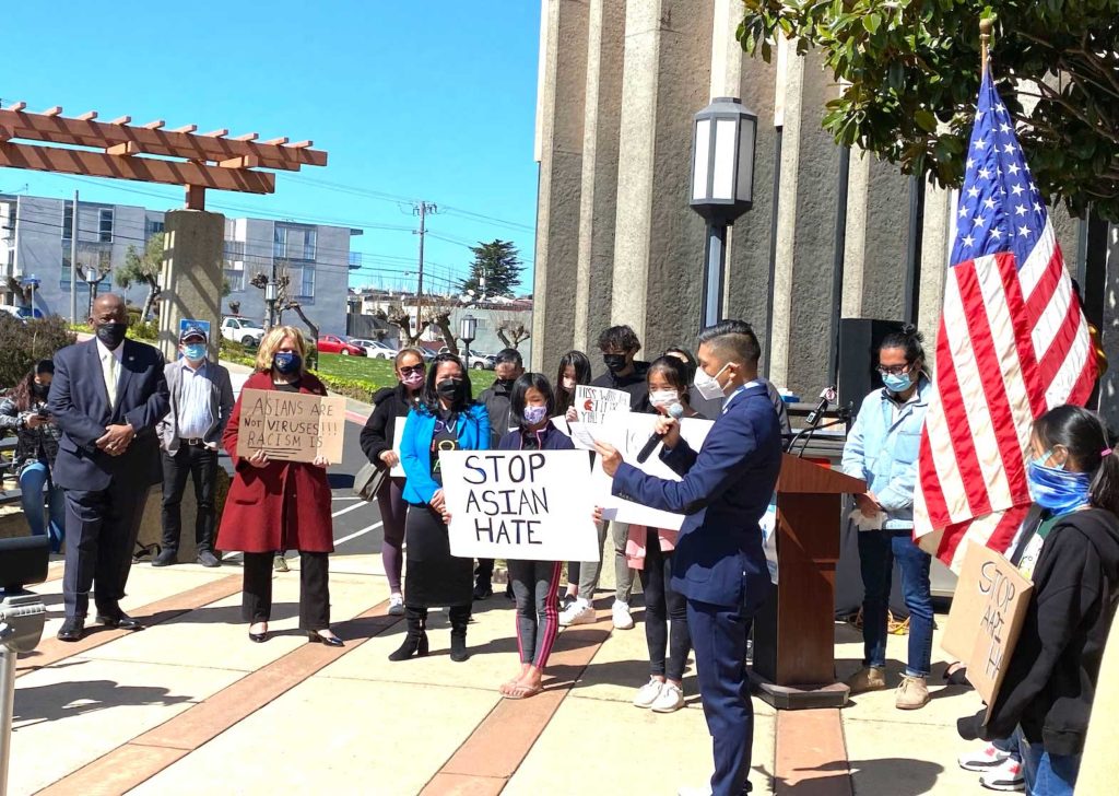 Daly City Vice Mayor Rod Daus Magbual reiterates the town's stand against hate as Council Members Glenn Sylvester, Pamela DiGiovanni,  Mayor Manalo and young rallyists learn activism.  CONTRIBUTED