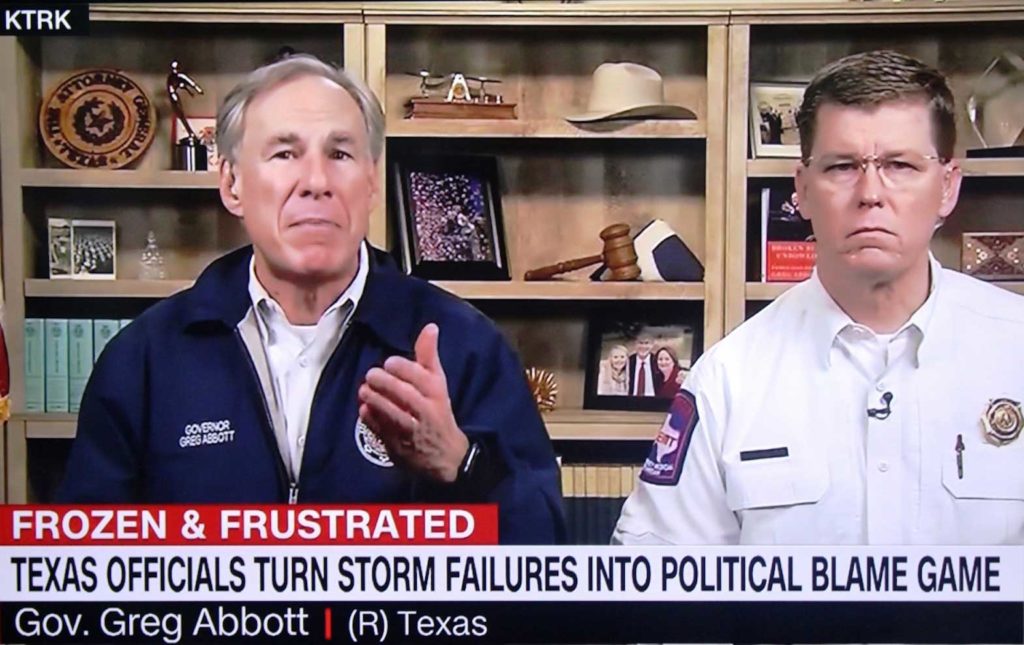Texas' political leaders played blame game for failures during the snow storm. SCREENSHOT