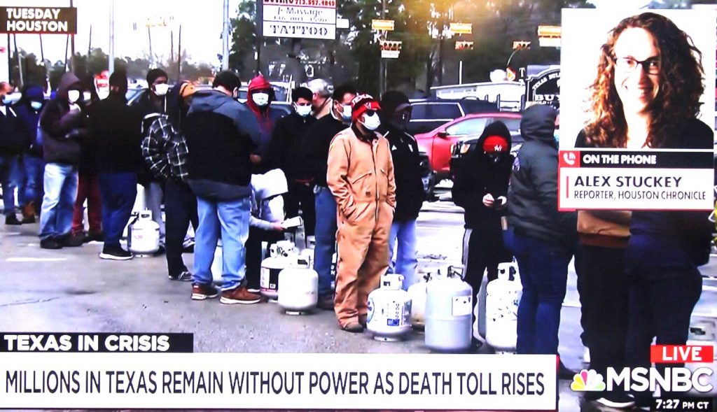 Texans lining up for fuel amid Texas snow calamity. SCREENSHOT