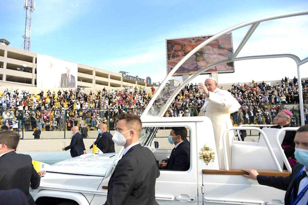 Pope Francis holds a Mass at Franso Hariri Stadium in Erbil, Iraq March 7, 2021.   Vatican Media/­Handout via REUTERS
