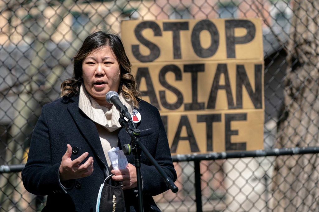  Congresswoman Grace Meng speaks during a Stop Asian Hate rally at Columbus Park in New York City, U.S., April 3, 2021. REUTERS/Jeenah Moon/File Photo
