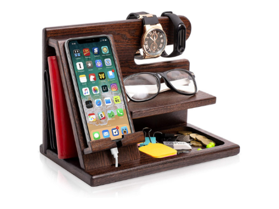 Wood Phone Docking Station Ash Key Holder Wallet Stand Watch Organizer gifts for men who have everything