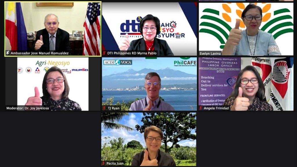 Webinar speakers encourage overseas Filipinos in the United States to “PLANT, PLANT, PLANT! Let’s Grow! (Top row; L-R) Philippine Ambassador to the United States Jose Manuel Romualdez; DTI Regional Director for the Cordillera Administrative Region (CAR) Myrna Pablo; DA Undersecretary for High Value Crops and Rural Credit Evelyn Laviña; (Middle row, L-R) Event moderator and Agricultural Attaché to the United States and the Americas Dr. Josyline Javelosa; Chief of Party of Philippine Coffee Advancement and Farm Enterprise (PhilCAFE) Project TJ Ryan; Labor Attaché Angela Trinidad; (Bottom row) President and Co-Chair of the Philippine Coffee Board Inc. Pacita Juan. CONTRIBUTED