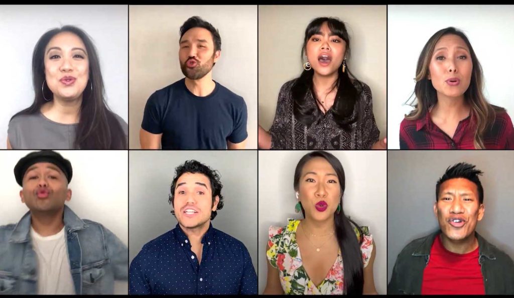  Still from Broadway Barkada’s cover of “True to Your Heart.” From left: (top row) Jaygee Macapugay, Marc delaCruz, Lianah Sta. Ana, Kay Trinidad Karns; (bottom row) Jeigh Madjus, Adam Jacobs, Emily Borromeo, Albert Guerzon.  YOUTUBE