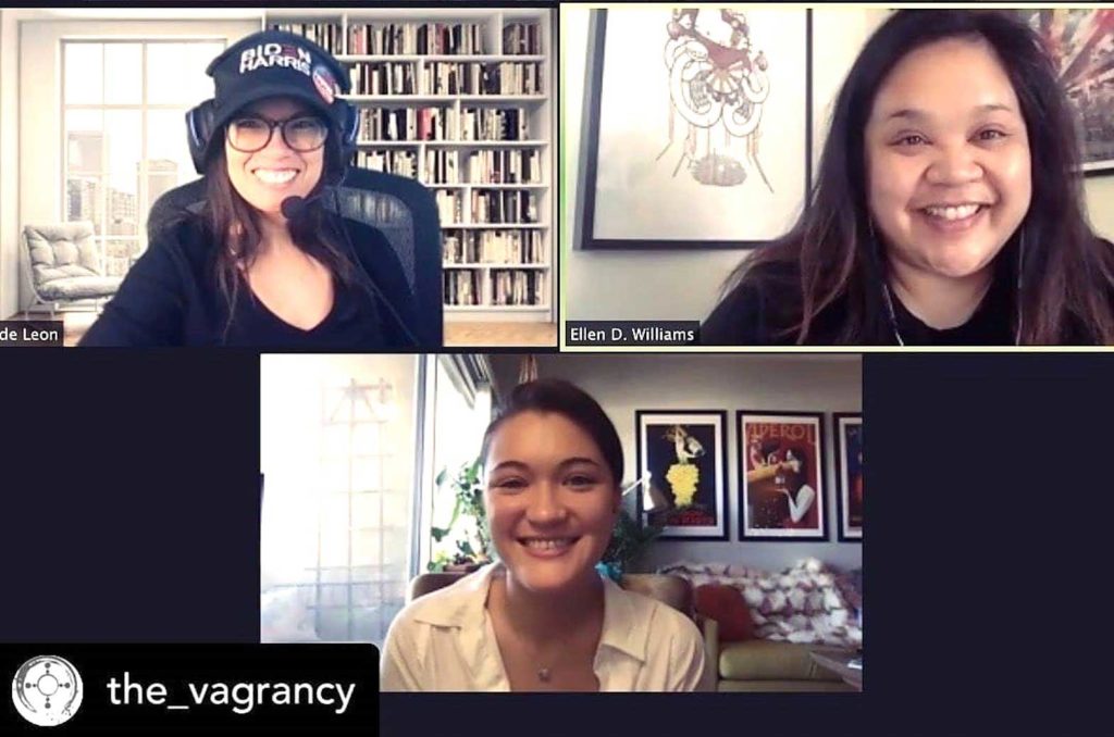 Clockwise from top, Fil-Am theater artists director Fran de Leon and actors Ellen D. Williams and Isa Briones in an online rehearsal session for Amanda Andrei’s “Mama, I wish I were silver.” CONTRIBUTED