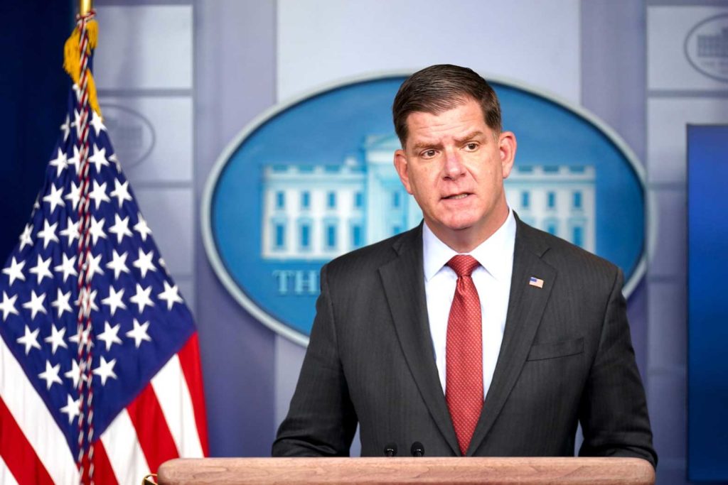 Secretary of Labor Marty Walsh speaks during a news conference at the White House in Washington, U.S. April 2, 2021. REUTERS/Erin Scott