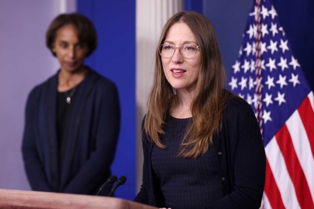 Washington Center for Equitable Growth CEO Heather Boushey and White House Council of Economic Advisers Chair Cecilia Rouse join White House Press Secretary Jen Psaki for Equal Pay Day during the daily press briefing at the White House in Washington, U.S. March 24, 2021. REUTERS/Jonathan Ernst