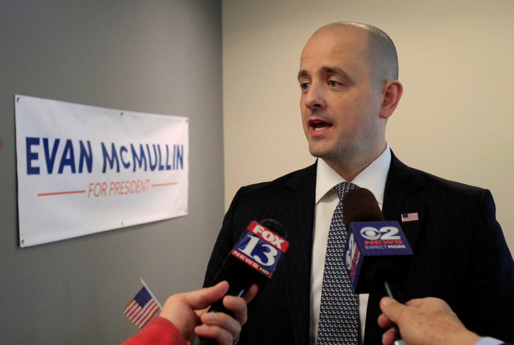 Third party candidate Evan McMullin, an independent, talks to the press as he campaigns in Salt Lake City, Utah, October 12, 2016. REUTERS/George Frey/File Photo