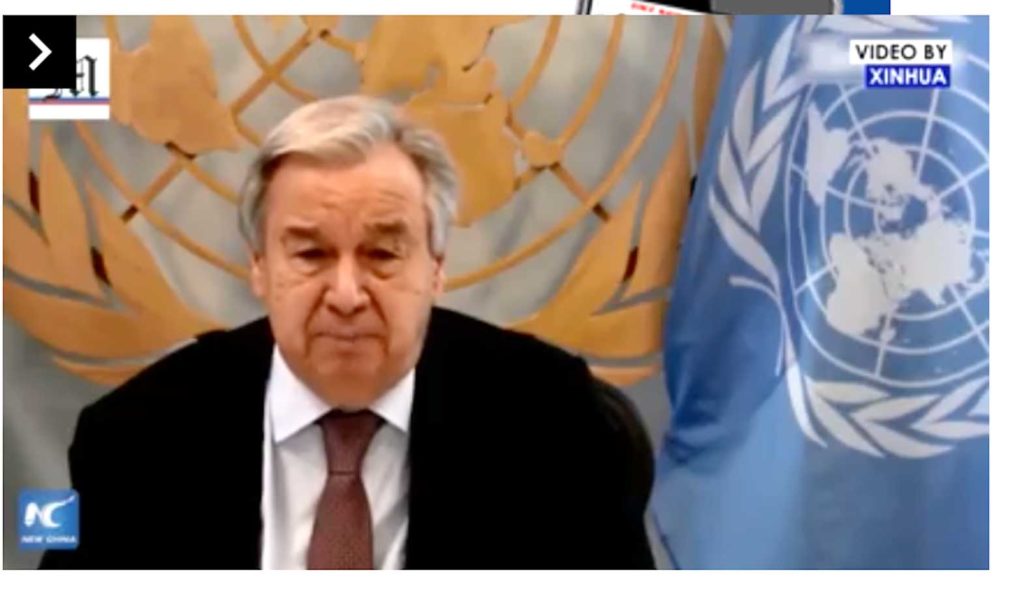 UN Secretary General Antonio Gutteres honoring 336 UN personnel from 82 UN Member States, including civilian, military and police, paid the ultimate sacrifice in the service of peace or in COVID-19 related circumstances in 2020. SCREENSHOT