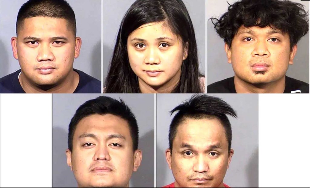 The theft suspects from top left: Samuelito Quijano, Kristine Quijano, Ranjit Quijano, Enrico Ronquillo, Alejandra Delacruz. LVMPD