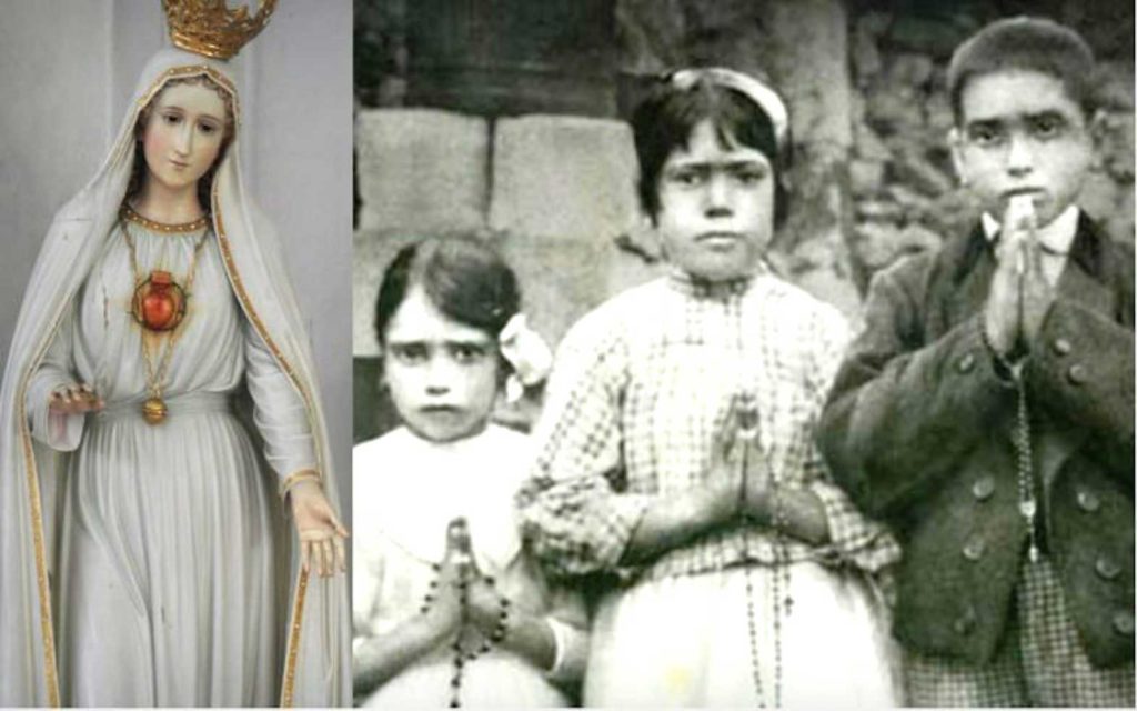 Our Lady of Fatima reportedly appeared to Francisco Marto, his sister, Jacinta Marto, and their cousin, Lúcia dos Santos, on a Portuguese hillside.