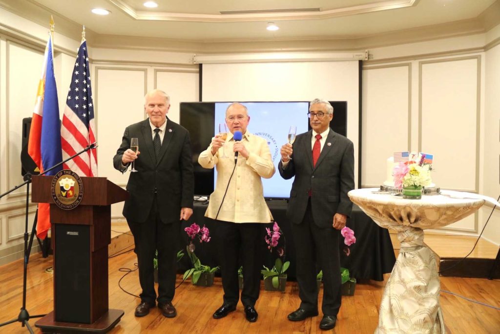 (From left to right): Congressman Steve Chabot of Ohio, Philippine Ambassador to the United States Jose Manuel Romualdez, and Congressman Bobby Scott of Virginia during the evening’s toast ceremony. CONTRIBUTED