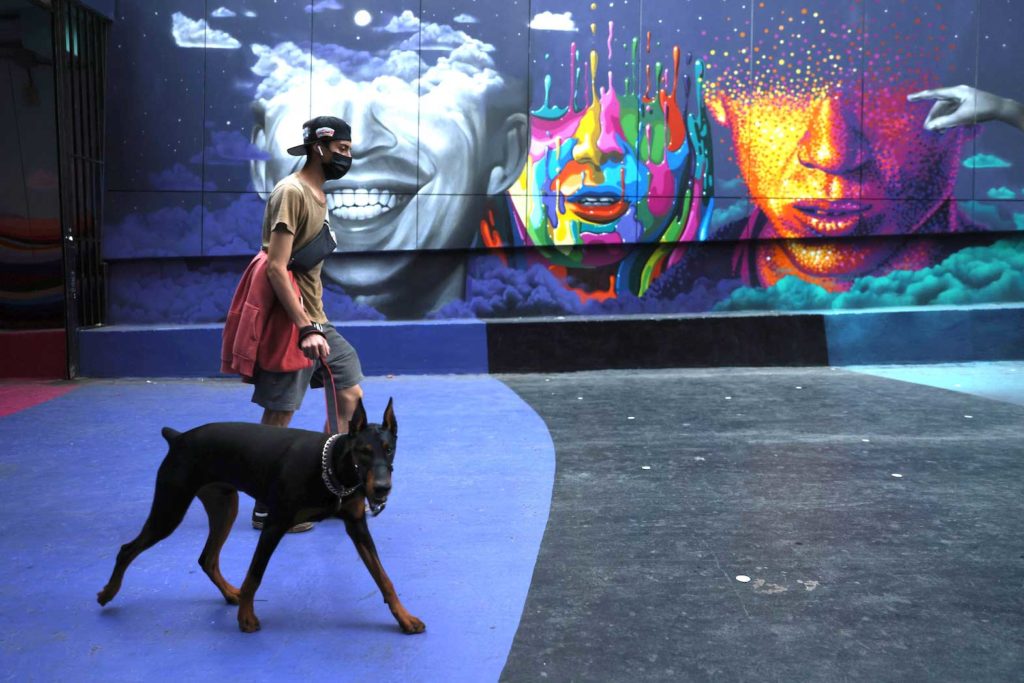 A man walks a dog as lockdown restrictions increase during the coronavirus disease (COVID-19) outbreak, in Santiago, Chile, March 31, 2021. REUTERS/Ivan Alvarado