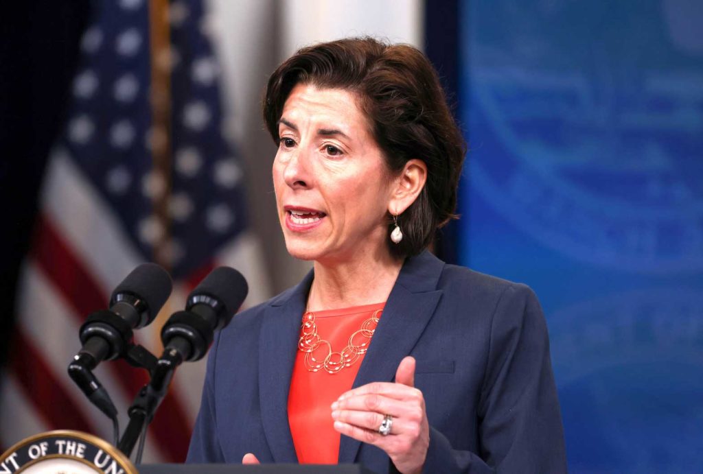  U.S. Secretary of Commerce Gina Raimondo speaks during a high speed internet event at the Eisenhower Executive Office Building's South Court Auditorium at the White House in Washington, U.S., June 3, 2021.REUTERS/Evelyn Hockstein