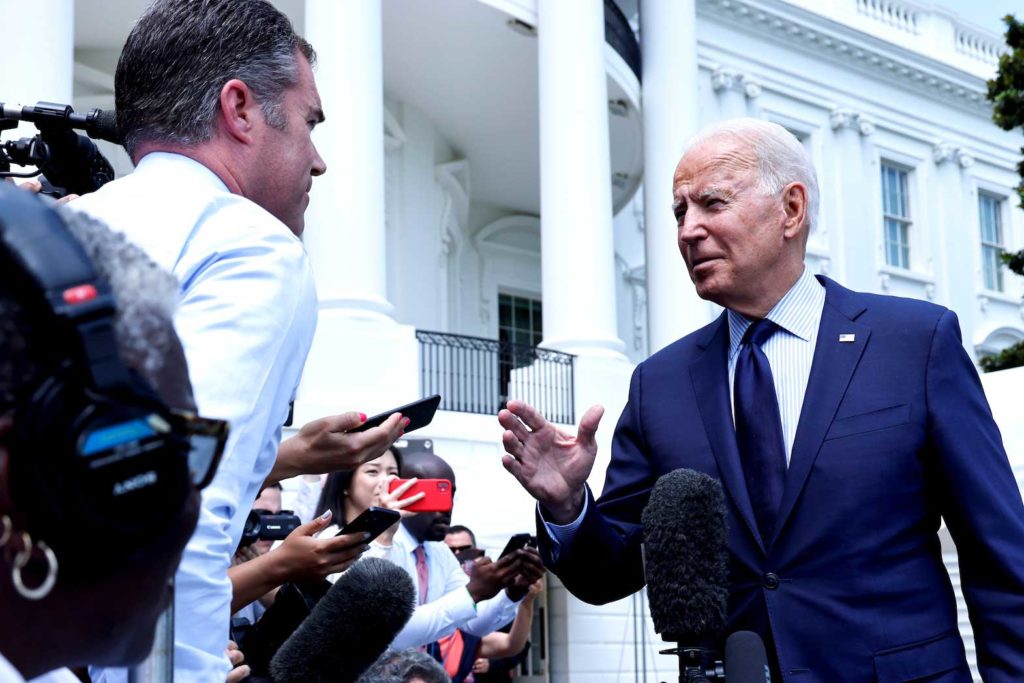 U.S. President Joe Biden talks to the media as he departs for a weekend visit to Camp David from the White House in Washington, U.S., July 16, 2021. REUTERS/Jonathan Ernst