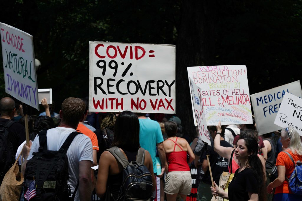 People gather during an anti-vaccine demonstration, amid the coronavirus disease (COVID-19) pandemic, in Central Park, New York City, U.S., July 24, 2021. REUTERS/David 'Dee' Delgado