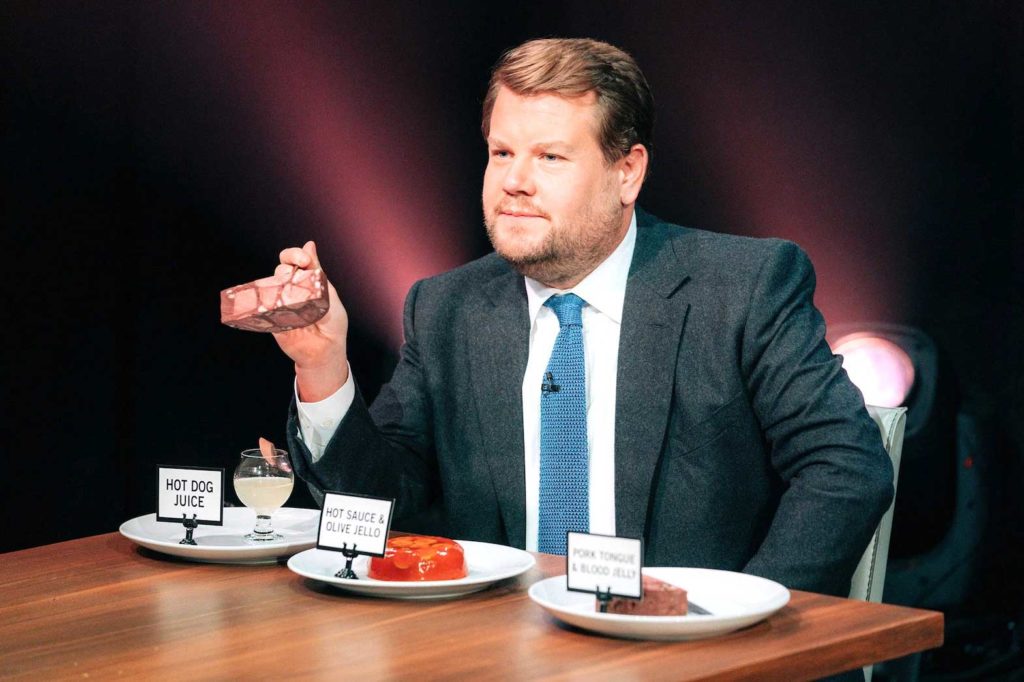 James Corden prepares for another segment of “Spill Your Guts” on a 2020 episode of the “The Late Late Show.”